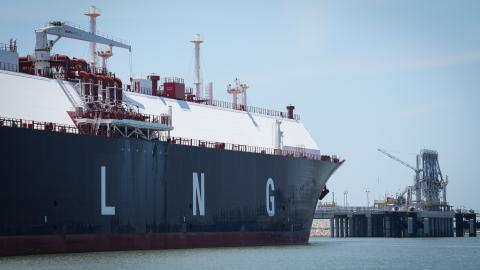 A large liquified natural gas transport ship sits docked in the Calcasieu River on June 7, 2023, near Cameron, Louisiana. (Jon Shapley/Houston Chronicle via Getty Images)