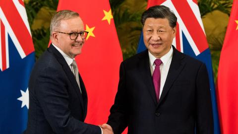 Australian Prime Minister Anthony Albanese meets with President of the People's Republic of China, Xi Jinping, at the G20 Summit in Bali, Indonesia, on November 15, 2022. (James Brickwood/Sydney Morning Herald via Getty Images)