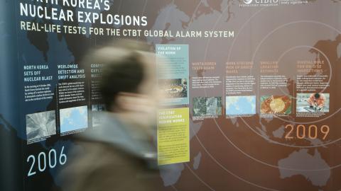 A poster of the Comprehensive Nuclear-Test-Ban Treaty Organization (CTBTO) concerning nuclear tests of North Korea is seen on February 12, 2013 at the CTBTO headquarters in Vienna. Iran hinted Tuesday that inspection of the Parchin military site by the International Atomic Energy Agency would be possible in the context of a "comprehensive agreement" that recongnises its right to peaceful nuclear energy. AFP PHOTO / DIETER NAGL (Photo credit should read DIETER NAGL/AFP via Getty Images)