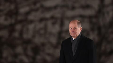 German Chancellor Olaf Scholz stands in front of the Chancellery in Berlin on Jan. 19. (Sean Gallup/Getty Images)