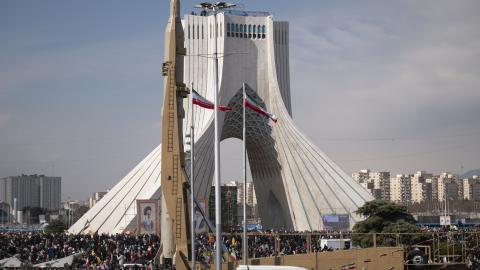 An Iranian-made surface-to-surface missile is displayed next to the Azadi tower during a rally to mark the forty-forth anniversary of  Iran's 1979 Islamic Revolution on February 11, 2023. (Morteza Nikoubazl/NurPhoto via Getty Images)