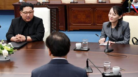 North Korean Leader Kim Jong Un and sister Kim Yo Jong attend the Inter-Korean Summit at the Peace House on April 27, 2018, in Panmunjom, South Korea. (Pool via Getty Images)