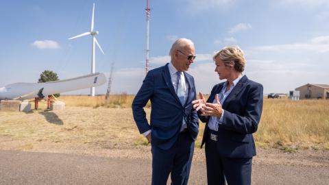 President Joe Biden talks with Energy Secretary Jennifer Granholm during a tour of the National Renewable Energy Laboratory Flatirons Campus in Arvada, Colorado on Tuesday, September 14, 2021. (Official White House Photo by Adam Schultz)