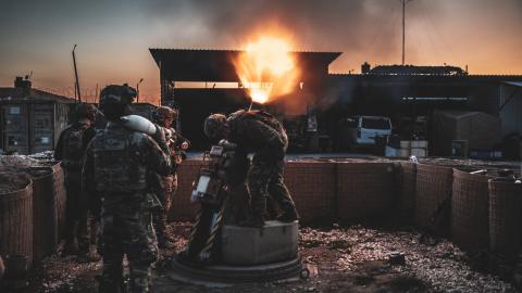Coalition Forces fire 120mm illumination rounds using an XM905 Advanced Mortar Protection System from a fire base in the al-Shadaddi region in Syria on February 14, 2023. (Nicholas J. De La Pena via DVIDS)