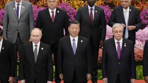 Russian President Vladimir Putin, Chinese President Xi Jinping, and Kazakhstan President Kassym-Jomart Tokayev pose for a group photo with other leaders at the Third Belt and Road Forum on October 18, 2023, in Beijing, China. (Suo Takekuma/Pool via Getty Images)