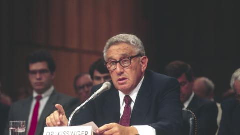 Former United States Secretary of State Henry Kissinger testifies before the US Senate Select Committee in Washington DC, September 22, 1992. (Ron Sachs/CNP via Getty Images)