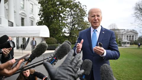 United States President Joe Biden speaks to reporters before boarding Marine One on the South Lawn of the White House in Washington, DC, on January 30, 2024. (Mandel Ngan/AFP via Getty Images)