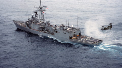 USS Samuel B. Roberts underway after the ship struck a mine in the Persian Gulf, April 14, 1988.
