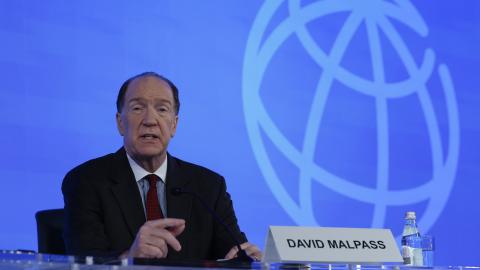 David Malpass speaks at a press conference on the fourth day of the International Monetary Fund and World Bank annual meetings at the IMF headquarters on October 13, 2022, in Washington, DC. (Photo by Anna Moneymaker/Getty Images)