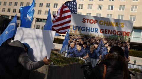 Protestors oppose the Chinese Genocide of Uyghur Muslims outside of the State Department headquarters in Washington, DC, on November 20, 2023. (Photo by Chip Somodevilla/Getty Images)