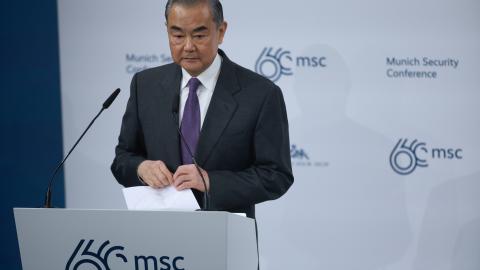 Chinese Foreign Minister, Wang Yi, speaks during the 2024 Munich Security Conference on February 17, 2024, in Munich, Germany. (Johannes Simon via Getty Images)