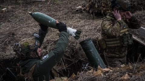 A Ukrainian mortar team near Toretsk, Ukraine, on March 26, 2024. (Wolfgang Schwan via Getty Images)