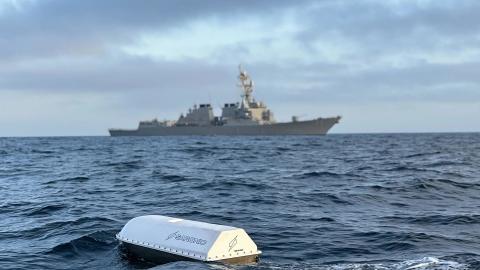  An unmanned surface vehicle (USV) conducts testing of an autonomous over-the-horizon solution conceived by student researchers at the Naval Postgraduate School (NPS) during a Navy exercise off the coast of California on August 19, 2023. (US Navy photo)