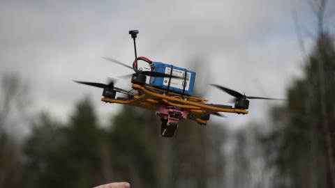 A drone equipped with an electronic warfare system takes off during a presentation on March 19, 2024, in Ukraine. (Photo by Viktor Fridshon/Global Images Ukraine via Getty Images)