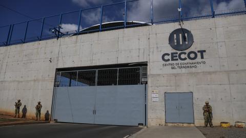 Soldiers guard the prison entrance at the Terrorism Confinement Center (CECOT) in Tecoluca, El Salvador, on April 4, 2025. (Alex Pena via Getty Images)