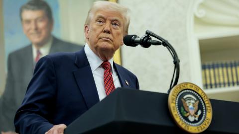 President Donald Trump speaks during a swearing-in ceremony for new US Ambassador to China David Perdue in the Oval Office on May 7, 2025, in Washington, DC. (Getty Images)