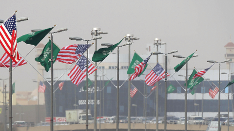 Saudi (green) and US flags flutter on light poles on June 2, 2009 in preparation for the visit of US President Barack Obama on June 3. (MIDO AHMED/AFP/Getty Images)