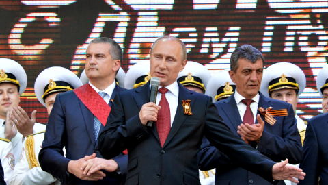 Russian President Vladimir Putin speaks during his visit to the Crimean port of Sevastopol on May 9, 2014. (YURI KADOBNOV/AFP/Getty Images)