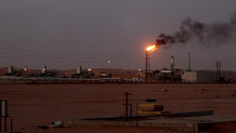 A flame from a Saudi Aramco oil installation in the Saudi Arabian desert near the oil-rich area Al-Khurais, 160 kms east of the capital Riyadh, on June 23, 2008. (MARWAN NAAMANI/AFP/Getty Images)