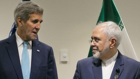 United States Secretary of State John Kerry poses with Foreign Affairs Minister of Iran Javad Zarif during a bilateral talk at the United Nations headquarters on September 26, 2015, at the United Nations in New York. (DOMINICK REUTER/AFP/Getty Images)