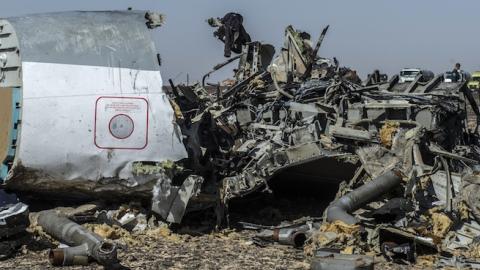 Debris of the A321 Russian airliner after the plane crashed in Wadi al-Zolomat, a mountainous area in Egypt's Sinai Peninsula, on November 1, 2015. (KHALED DESOUKI/AFP/Getty Images)