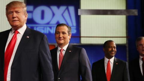 Republican presidential candidates (L-R) Donald Trump, Sen. Ted Cruz (R-TX), Ben Carson and Jeb Bush on January 14, 2016 in North Charleston, South Carolina. (Andrew Burton/Getty Images)