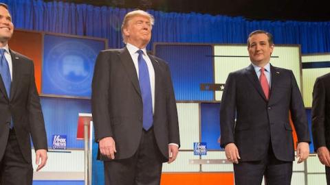 US Republican Presidential candidates (L-R) Marco Rubio, Donald Trump, Ted Cruz and John Kasich at the Republican Presidential Debate in Detroit on March 3, 2016. (GEOFF ROBINS/AFP/Getty Images)