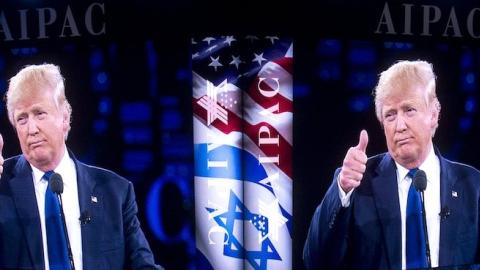 US Republican presidential hopeful Donald Trump gives a thumbs-up as he addresses the American Israel Public Affairs Committee (AIPAC) 2016 Policy Conference at the Verizon Center in Washington, DC, March 21, 2016. (SAUL LOEB/AFP/Getty Images)