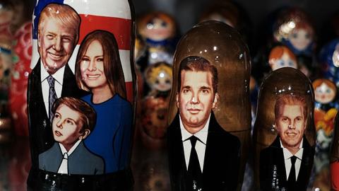 A traditional Russian nesting doll painted with the likeness of President of Donald Trump and his family is displayed for sale at a Moscow store on March 5, 2017 (Spencer Platt/Getty Images)