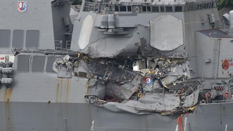 Damages on the guided missile destroyer USS Fitzgerald, June 18, 2017 (KAZUHIRO NOGI/AFP/Getty Images)