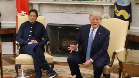 U.S. President Donald Trump and the Prime Minister of the Islamic Republic of Pakistan, Imran Khan, speak to the media in the Oval Office at the White House on July 22, 2019 in Washington, DC. (Mark Wilson/Getty Images)