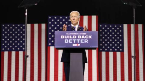 Democratic presidential candidate former Vice President Joe Biden speaks at the Chase Center July 14, 2020 in Wilmington, Delaware