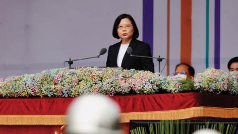 Taiwan President Tsai Ing-wen delivers the 2020 national day address, as troops of honor guards parading, saluting for the 109th annivesary of the establishment of the country, in Taipei City, Taiwan, on 10 October 2020