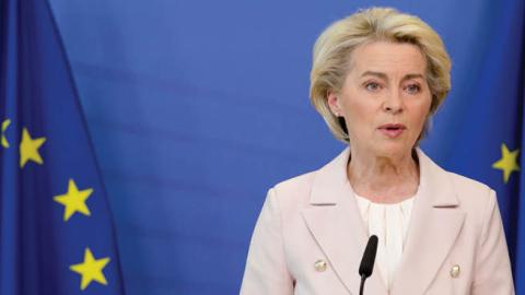 EU Commission President Ursula Von Der Leyen speaks to the press in the Berlaymont, the European Union Commission headquarters on April 27, 2022, in Brussels, Belgium. (Getty Images)