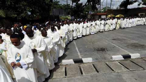 A protest in Lagos, Nigeria, on May 22, 2018, after an attack in Benue state that killed at least 18, including two Roman Catholic priests. (Pius Utomi Ekpei/AFP via Getty Images)