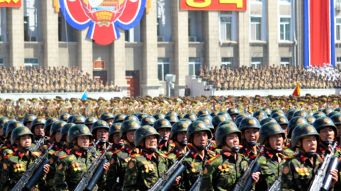 North Korean People's Army soldiers march on September 9, 2018, in Pyongyang, North Korea, as part of a parade celebrating the seventieth anniversary of the nation's founding. (Asahi Shimbun via Getty Images)