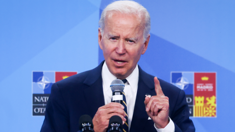 Joe Biden addresses the second and final day of the NATO 2022 Summit on June 30, 2022, in Madrid, Spain. (Europa Presse/E. Parra via Getty Images)