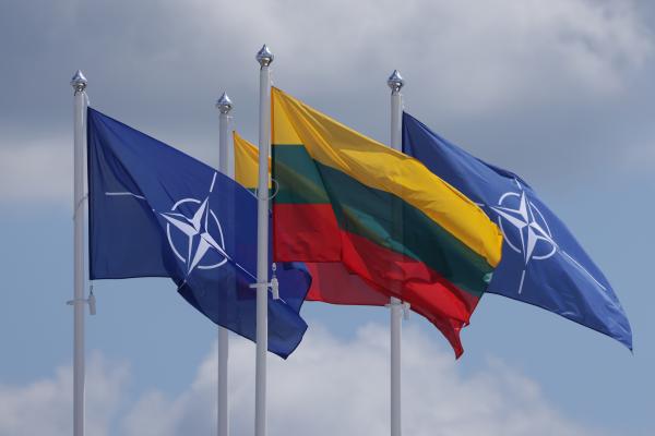 The NATO and Lithuanian flags fly on July 9, 2023, in Vilnius, Lithuania. (Photo by Sean Gallup/Getty Images)