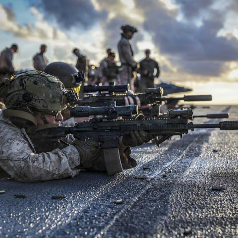 CARIBBEAN SEA (Oct. 14, 2025) U.S. Marine Corps Lance Cpl. Ryan Reyes, assigned to the 22nd Marine Expeditionary Unit (Special Operations Capable), participates in a live-fire range on the flight deck of the Wasp-class amphibious assault ship USS Iwo Jima (LHD 7) while underway in the Caribbean Sea, Oct. 14, 2025. U.S. military forces are deployed to the Caribbean in support of the U.S. Southern Command mission, Department of War-directed operations, and the president’s priorities to disrupt illicit drug tr