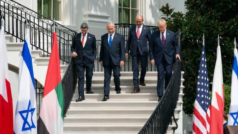 President Donald J. Trump, Minister of Foreign Affairs of Bahrain Dr. Abdullatif bin Rashid Al-Zayani, Israeli Prime Minister Benjamin Netanyahu and Minister of Foreign Affairs for the United Arab Emirates Abdullah bin Zayed Al Nahyan walk to sign the Abraham Accords Tuesday, Sept. 15, 2020, on the South Lawn of the White House. (Official White House Photo Andrea Hanks)