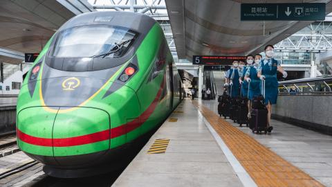 Stewards of China Railway Kunming Bureau Group in Kunming, Yunnan Province, China, on June 2, 2022. A landmark project under the Belt and Road Initiative, the railway connects Kunming with Vientiane, Laos. (Photo by Wang Guansen/Xinhua via Getty Images)