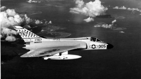 A U.S. Navy Douglas F4D-1 Skyray (BuNo 134967) from Fighter Squadron VF-213 "Black Lions" in flight. VF-213 was assigned to Carrier Air Group 21 (CVG-21) aboard the aircraft carrier USS Lexington (CVA-16) for a deployment to the Western Pacific from 14 July to 19 December 1958.