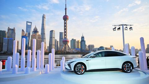Beta version of IM Motors L7 electric sedan is on display at the North Bund on December 26, 2021, in Shanghai, China. (Photo by Shen Chunchen/VCG via Getty Images)