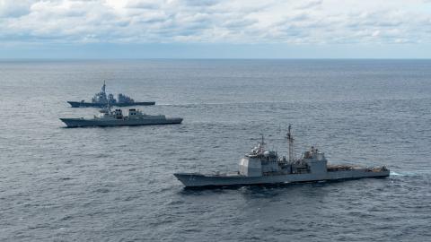 Ships from the U.S., Japan and Republic of Korea conducted a trilateral ballistic missile defense exercise in the Sea of Japan, Oct. 6. The ships included Ticonderoga-class guided-missile cruiser USS Chancellorsville (CG 62) and Arleigh Burke-class