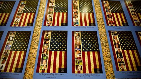 Photos of Americans who died from a fentanyl overdose are displayed at the Drug Enforcement Administration headquarters in Arlington, Virginia, on July 13, 2022. (Agnes Bun/AFP via Getty Images)
