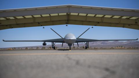 A General Atomics MQ-20 Avenger unmanned vehicle prepares to start up at El Mirage Airfield, Calif. June 24, 2021. The Skyborg team conducted a multiple-hour flight test of the Skyborg Autonomy Core System aboard the General Atomics MQ-20 Avenger unmanned vehicle during Edwards Air Force Base’s Orange Flag 21-2. (U.S. Air Force photo by Staff Sgt. Tabatha Arellano)