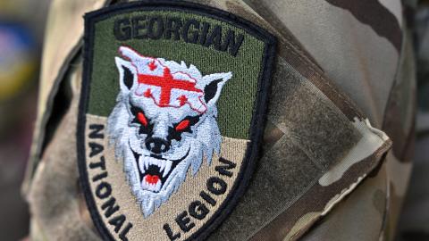 A patch with emblem of the Georgian National Legion seen on a soldier's uniform in Kyiv, Ukraine, on June 30, 2022. (Sergei Supinsky/AFP via Getty Images)