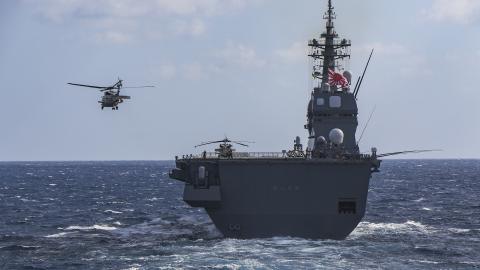 Japanese Maritime Self-Defense Force (JMSDF) Hyūga-class helicopter destroyer JS Hyūga (DDH 181) launches an MH-60J Seahawk helicopter during training. Operating as part of U.S. Pacific Fleet, units assigned to Carl Vinson and Abraham Lincoln Carrier Strike Groups, America and Essex Amphibious Ready Groups, alongside JMSDF, are conducting training to preserve and protect a free and open Indo-Pacific region. (Photo by Intelligence Specialist 1st Class Jeremy Faller)