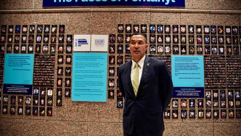 Ray Donovan, Chief of Operations of the Drug Enforcement Administration, stands in front of "The Faces of Fentanyl" wall, which displays photos of Americans who died of a fentanyl overdose, at the DEA headquarters in Arlington, Virginia, on July 13, 2022. (Agnes Bun/AFP via Getty Images)