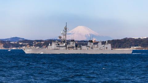URAGA CHANNEL, Japan (February 17, 2016) – The Japan Maritime Self-Defense Force (JMSDF) Murasame-class destroyer JS Ikazuchi (DD-107) transits Uraga Channel in front of Mt. Fuji. (U.S. Navy photo by Lt. j.g. William McGough)  LEAVE A COMMENT